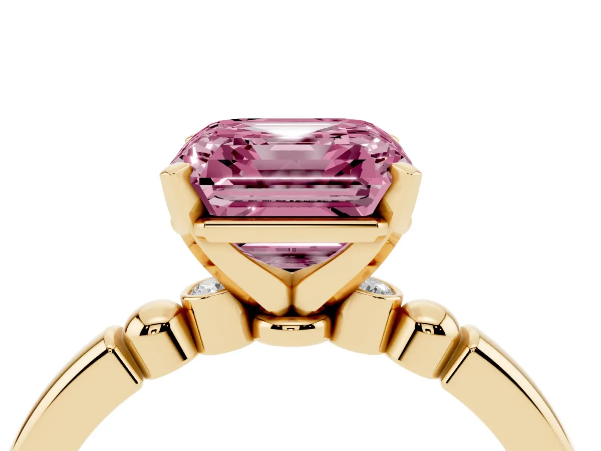 Fancy Pink Asscher Cut Solitaire Beaded Band with Four-Prong Setting Yellow gold