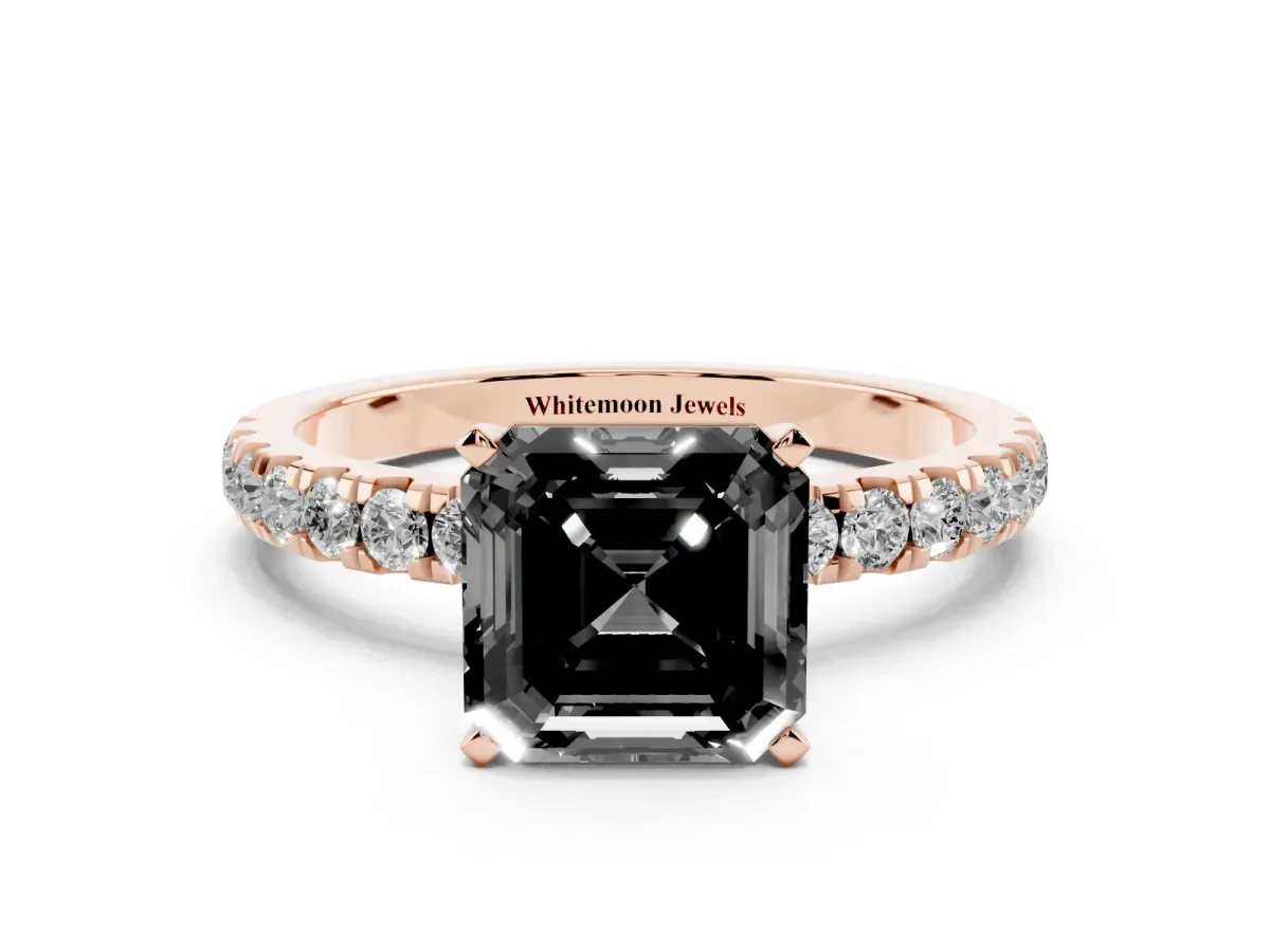 Fancy Black Asscher Cut Diamond Solitaire Ring with Pavé Accents and Four-Prong Setting Rose gold