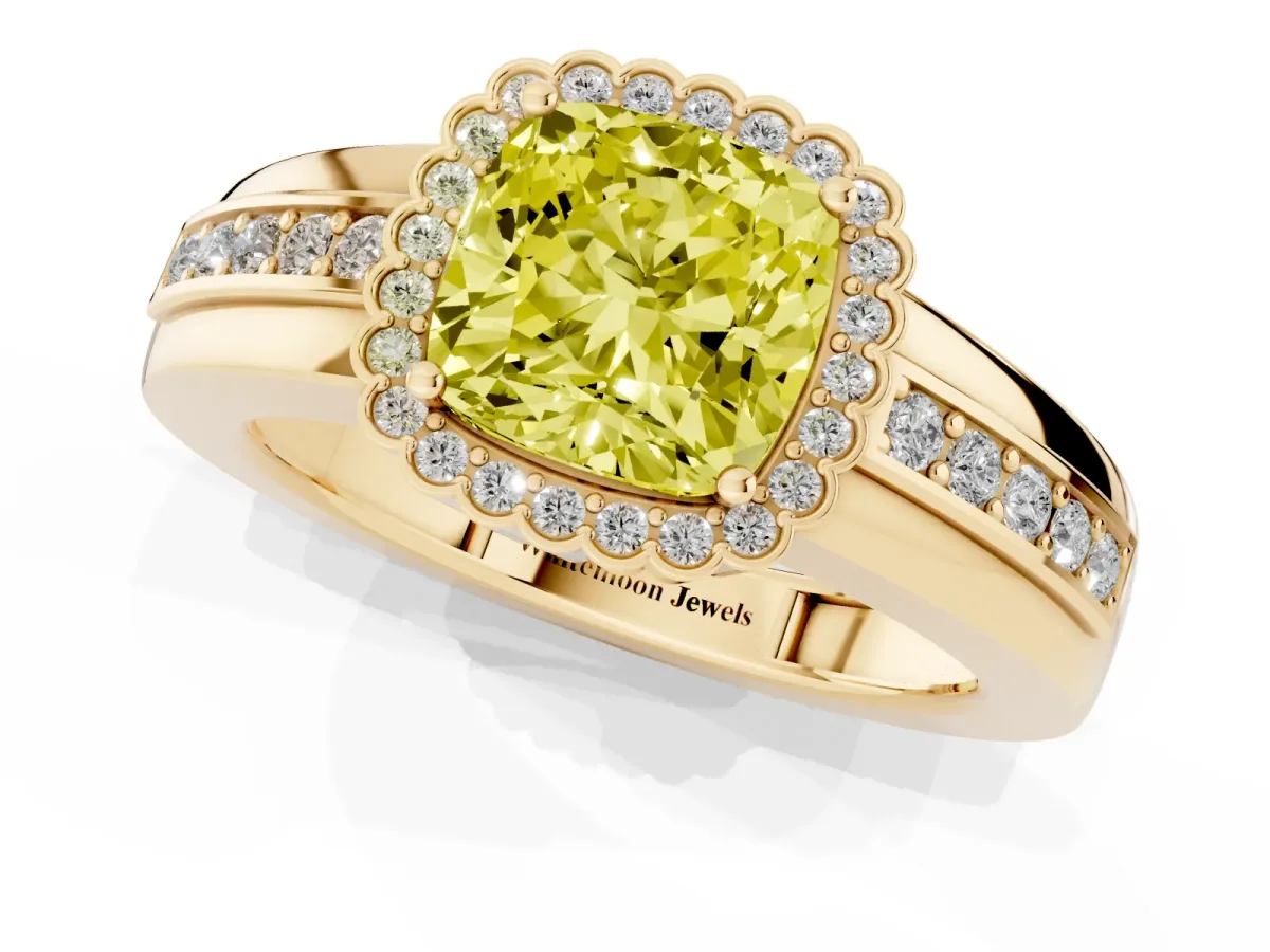 Fancy Yellow Cushion Cut Cut Halo Pave Band Four-Prong Ring Yellow gold