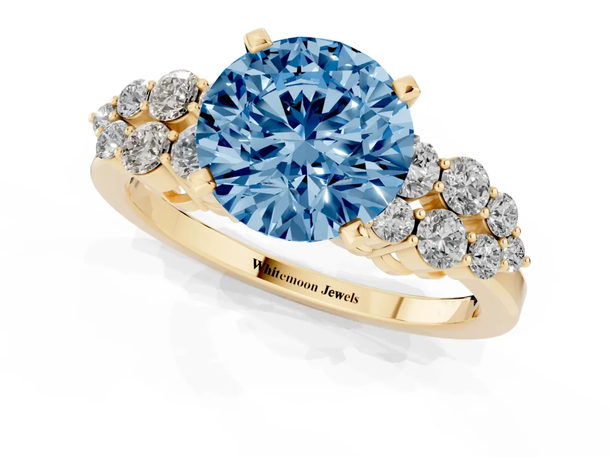 Fancy Blue Round Cut Cluster Diamond Engagement Ring with Pavé Band and Four-Prong Setting Yellow gold