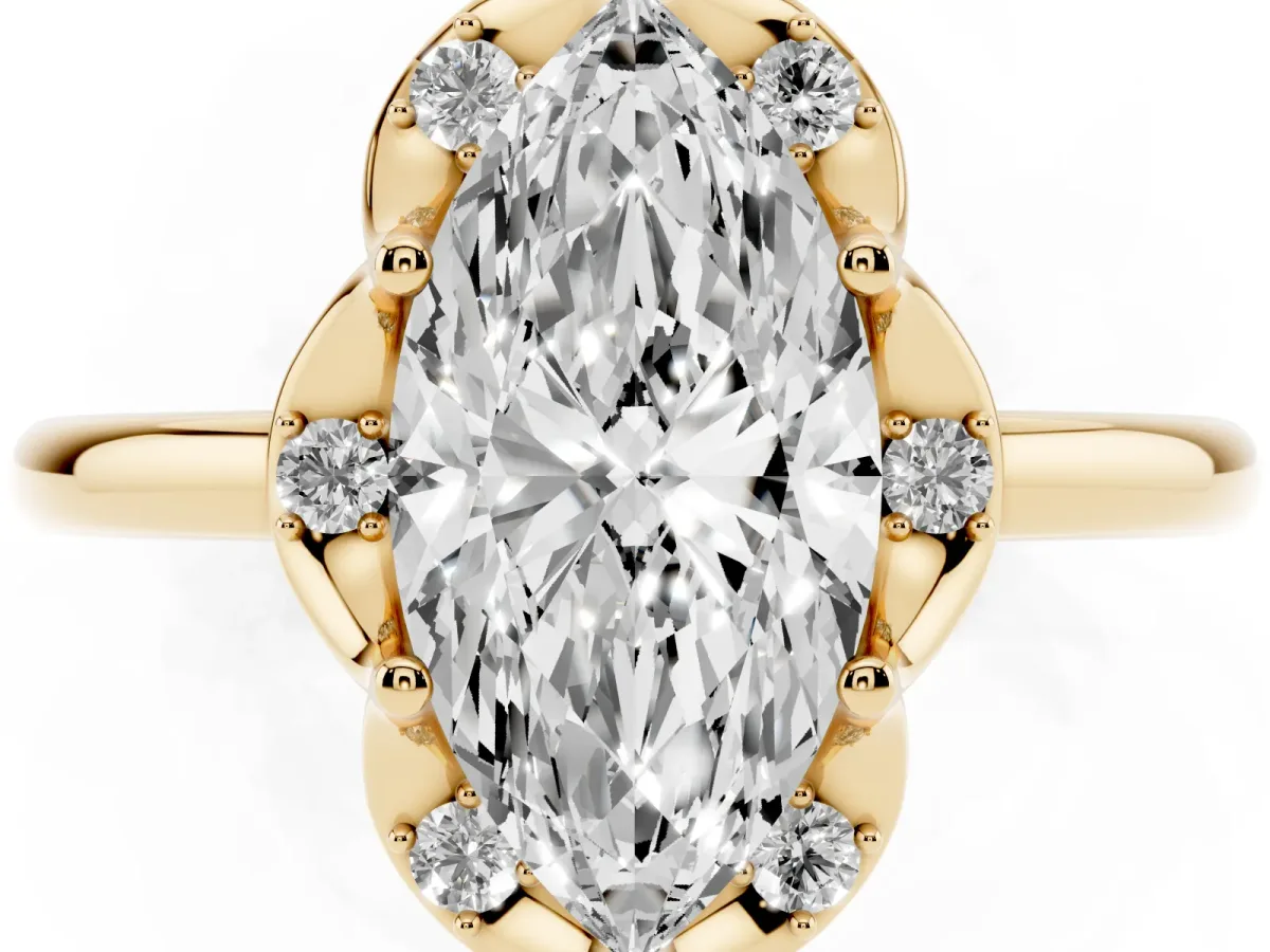 Marquise Cut Halo Diamond Ring with Round Cluster Setting, Solitaire Band, and Four-Prong Setting Yellow gold
