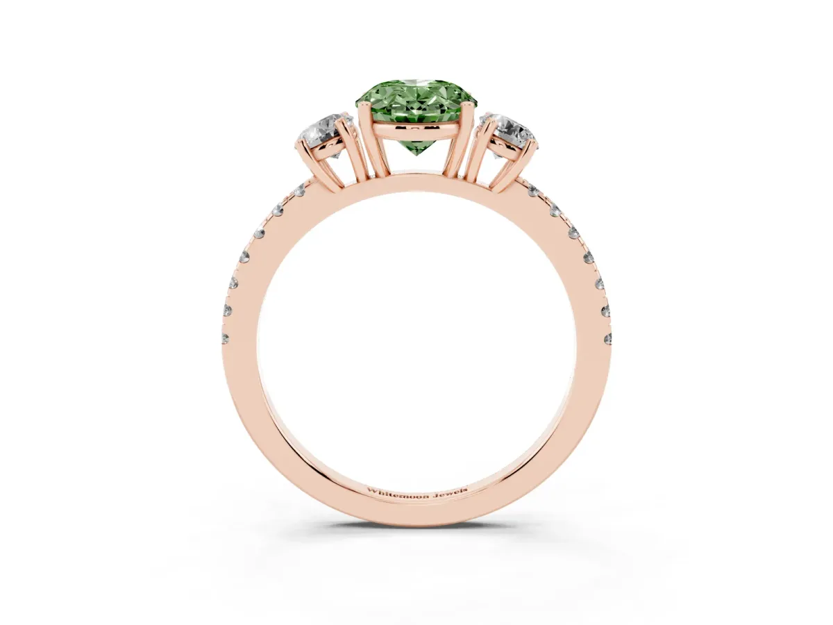 Fancy Green Three-Stone Oval Cut Cut Diamond Pavé Band with Prong Setting Rose gold