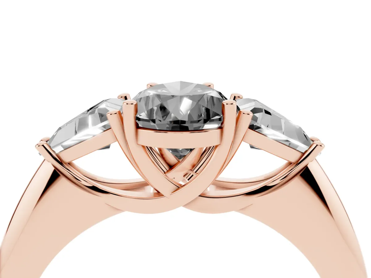 Fancy Black Three-Stone Pear Cut Diamond Engagement Ring with Trillion Side Stones and Prong Setting Rose gold