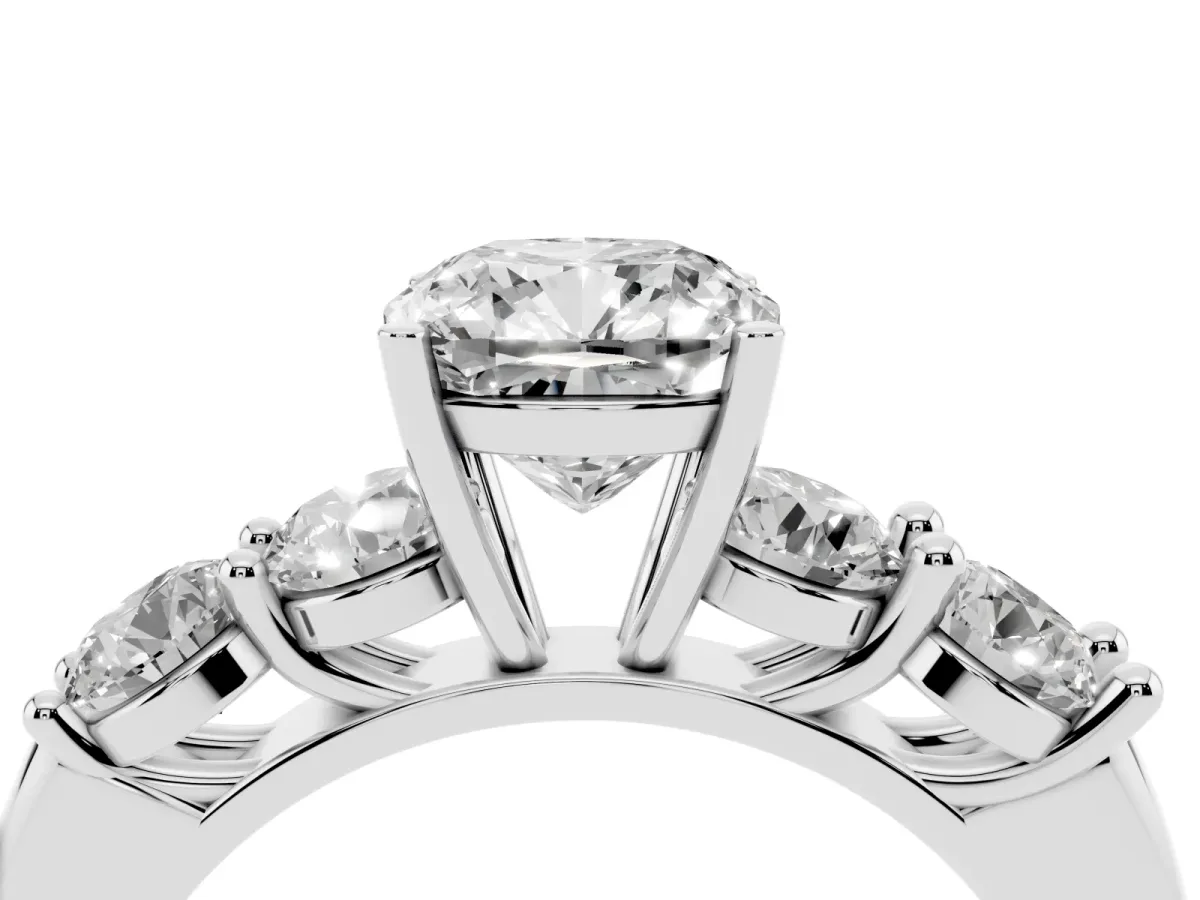 Cushion Cut Cut Five-Stone Prong Set Diamond Ring with Classic Band Silver