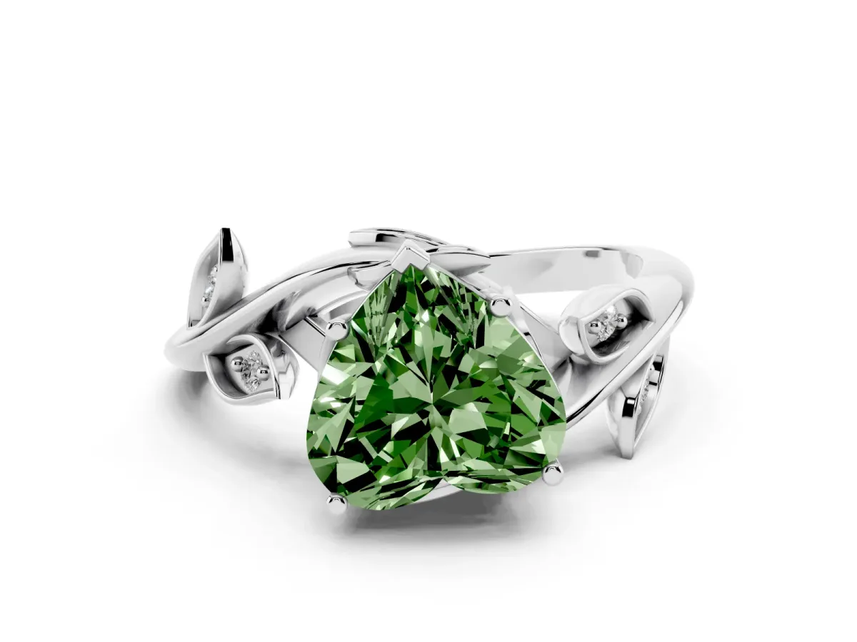 Fancy Green Heart Cut Solitaire Twist Engagement Ring with Leaf Accents and Prong Setting Silver