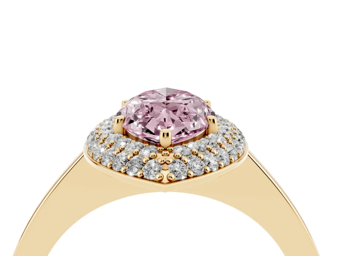 Fancy Pink Marquise Cut Halo Diamond Engagement Ring with Solitaire Band and Four-Prong Setting Yellow gold