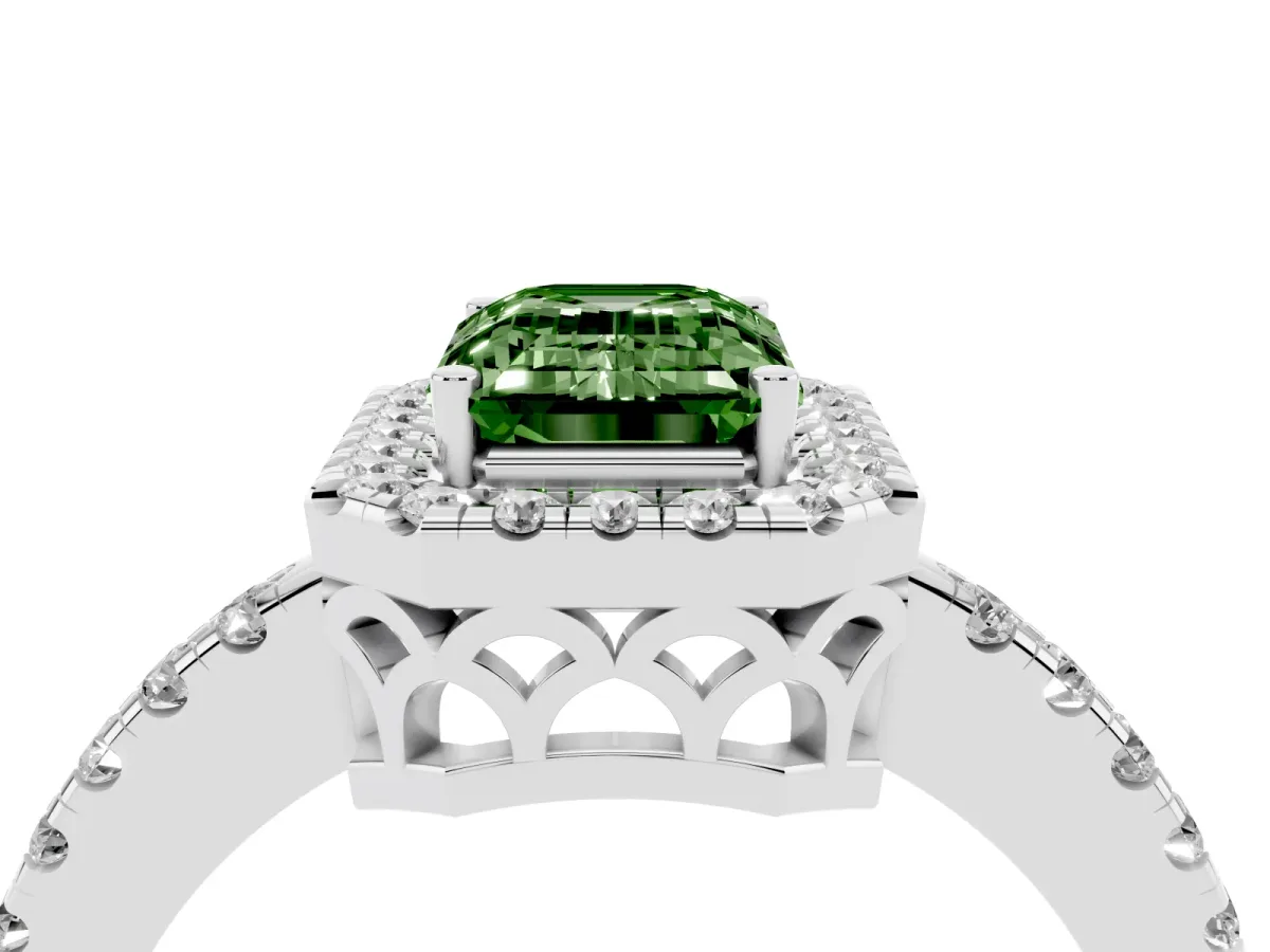 Fancy Green Emerald Cut Halo Diamond Engagement Ring with Pavé Band and Four-Prong Setting Silver