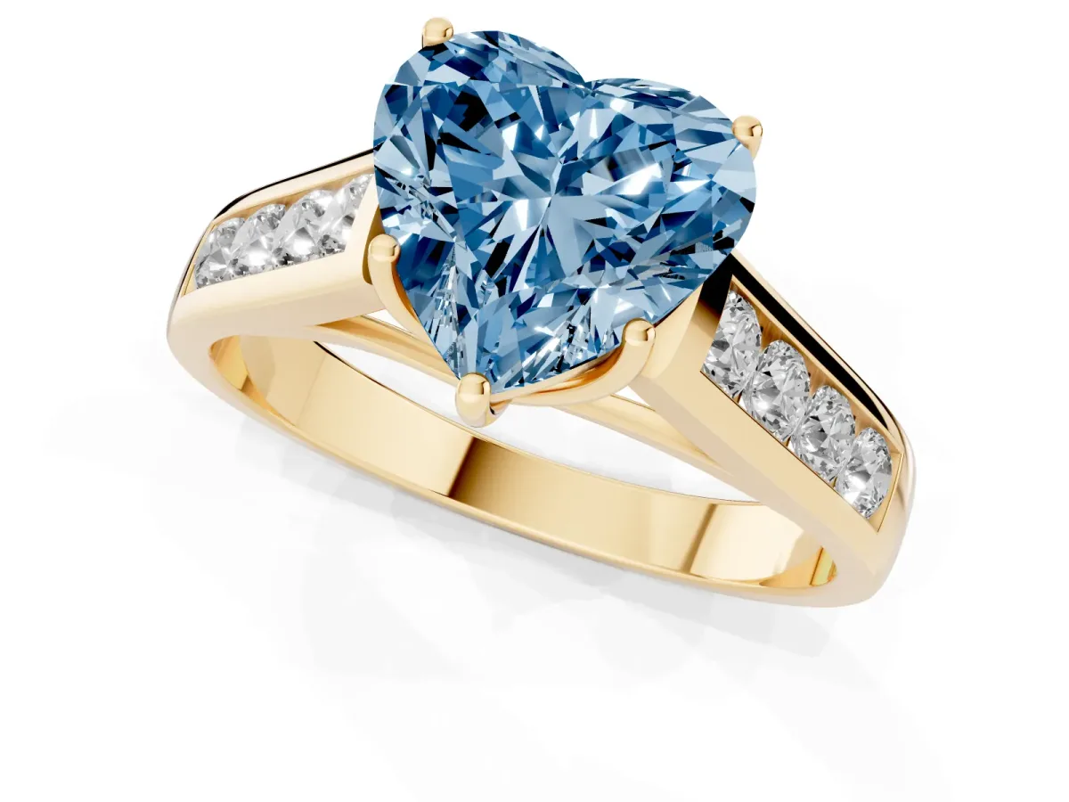 Fancy Blue Heart Cut Solitaire Channel-Set Diamond Engagement Ring with Four-Prong Setting Yellow gold