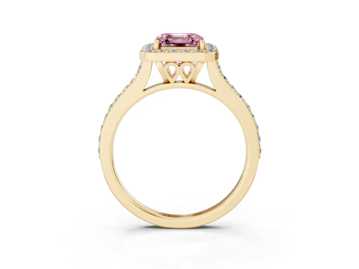 Fancy Pink Asscher Cut Diamond Halo Engagement Ring with Round Pavé Shoulders and Prong Setting Yellow gold