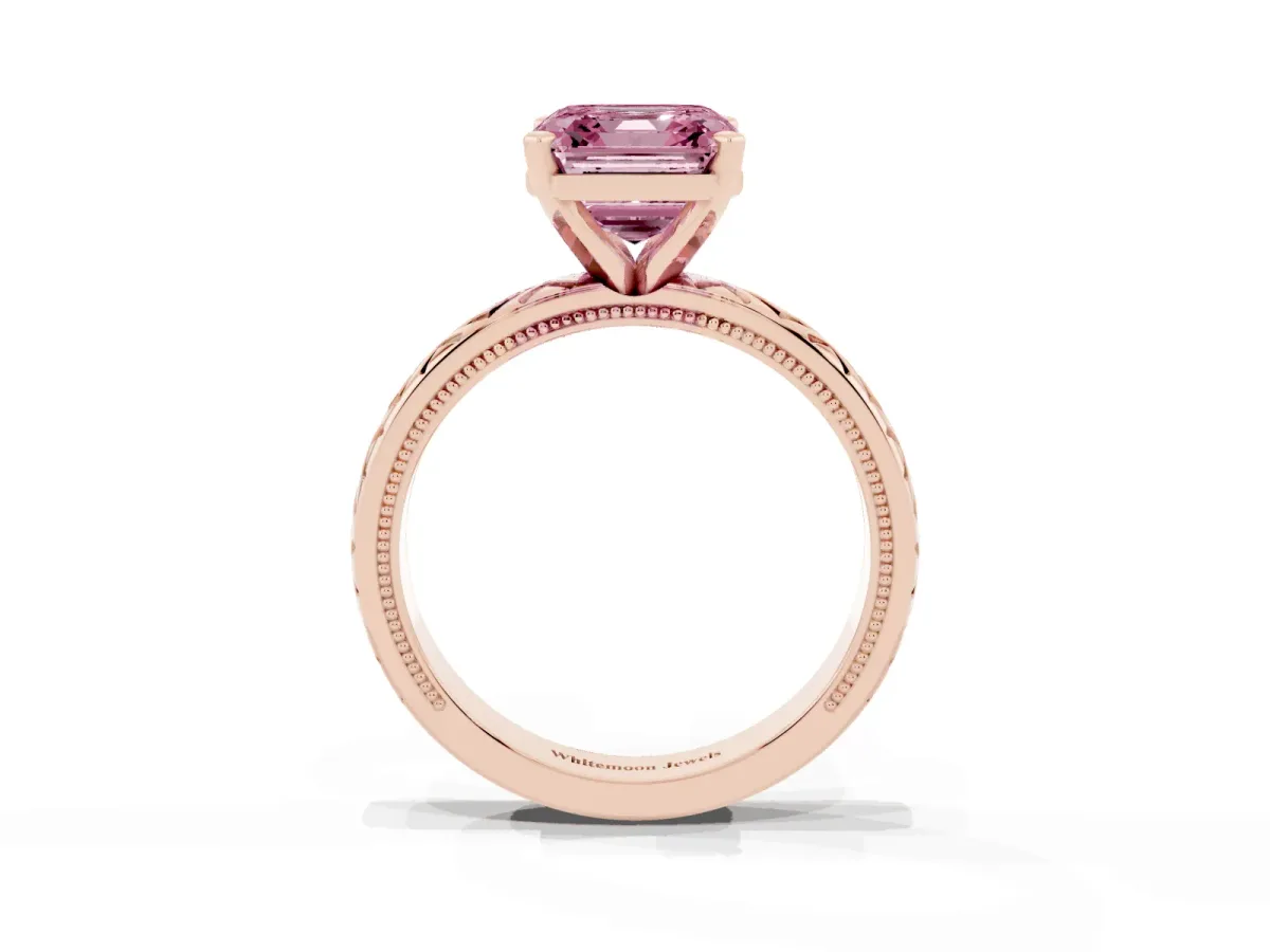 Fancy Pink Asscher Cut Solitaire Diamond Ring with Milgrain and Black Enamel X Pattern Band Rose gold