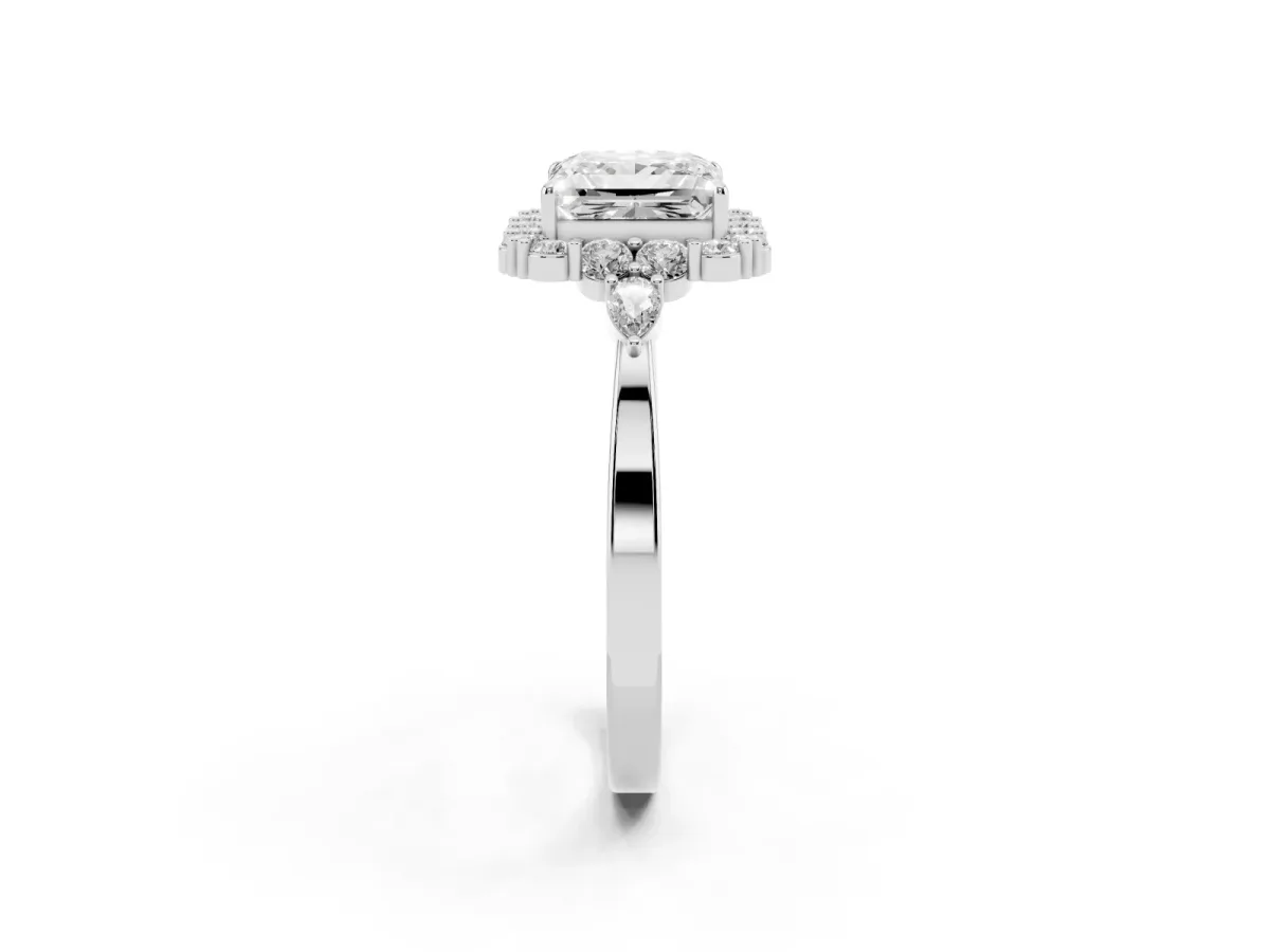 Princess Cut Diamond Halo Ring with Pear Side Stones and Prong Setting Silver