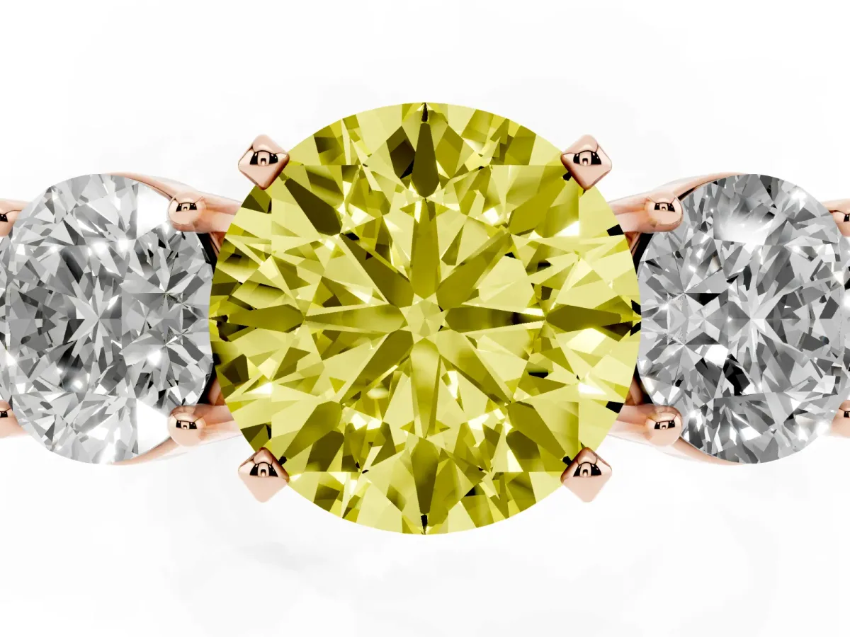 Fancy Yellow Three-Stone Round Cut Diamond Ring with Round Side Stones, Classic Band, and Four-Prong Setting Rose gold