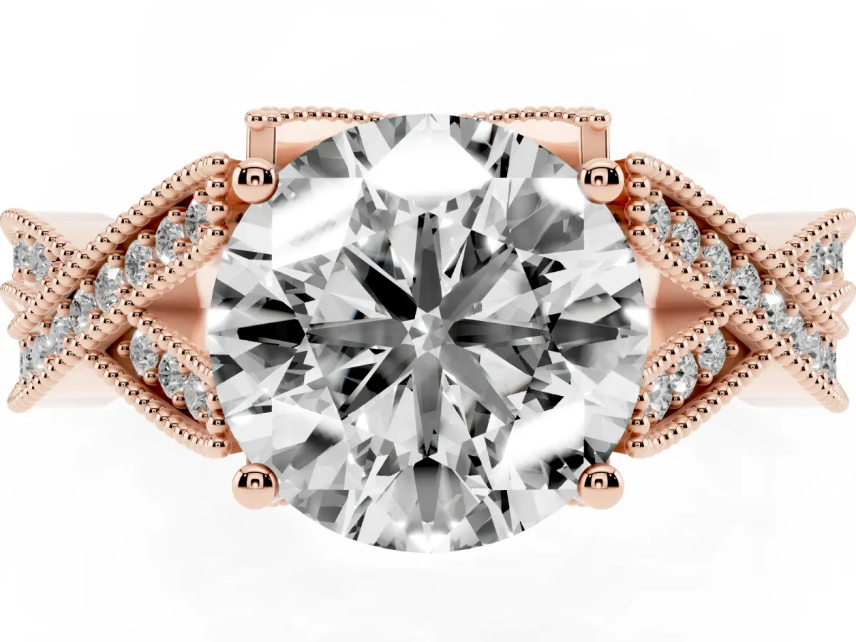 Round Cut Cut Diamond Twisted Band with Milgrain Pave Setting and Four-Prong Setting Rose gold