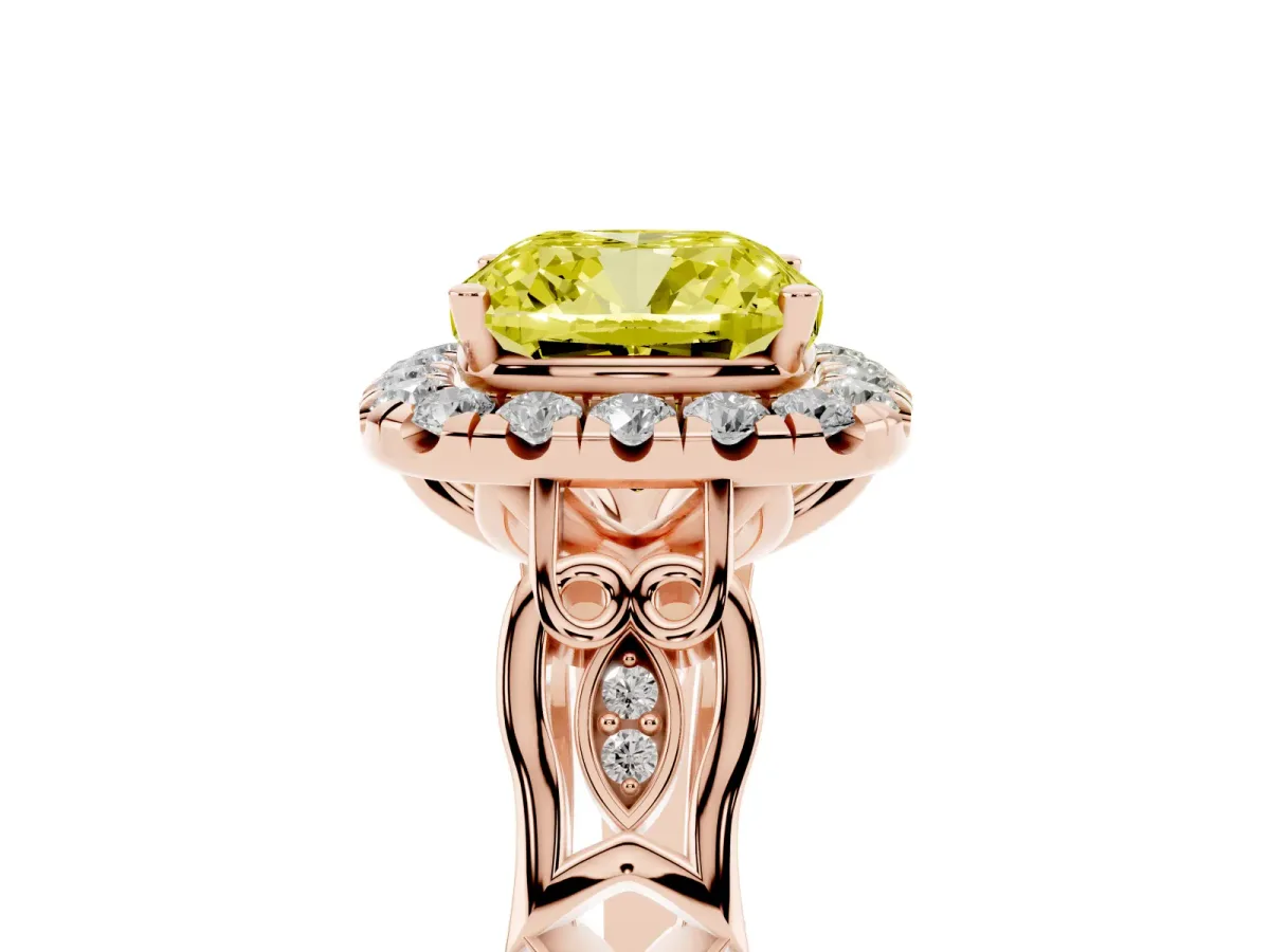 Fancy Yellow Cushion Cut Halo Diamond Engagement Ring with Filigree Band and Four-Prong Setting Rose gold