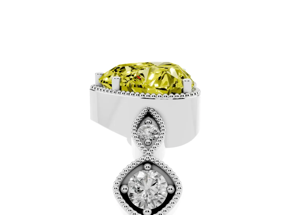 Fancy Yellow Heart Cut Diamond Vintage Milgrain Ring with Round Stations Silver