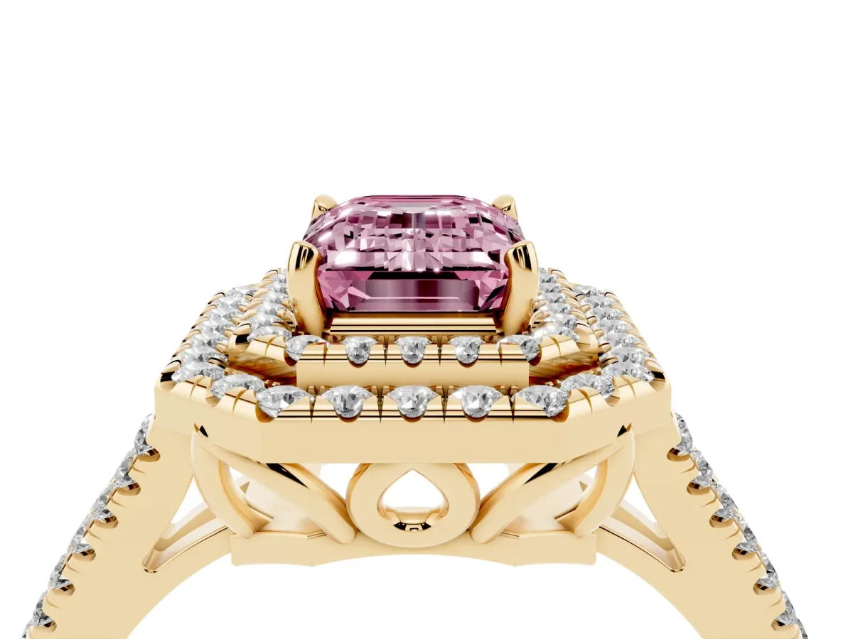 Fancy Pink Emerald Cut Diamond Double Halo Ring with Pavé Band and Prong Setting Yellow gold