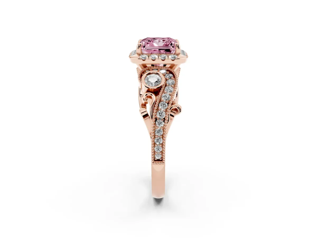 Fancy Pink Princess Cut Diamond Halo Ring with Milgrain Pavé Band and Four-Prong Setting Rose gold