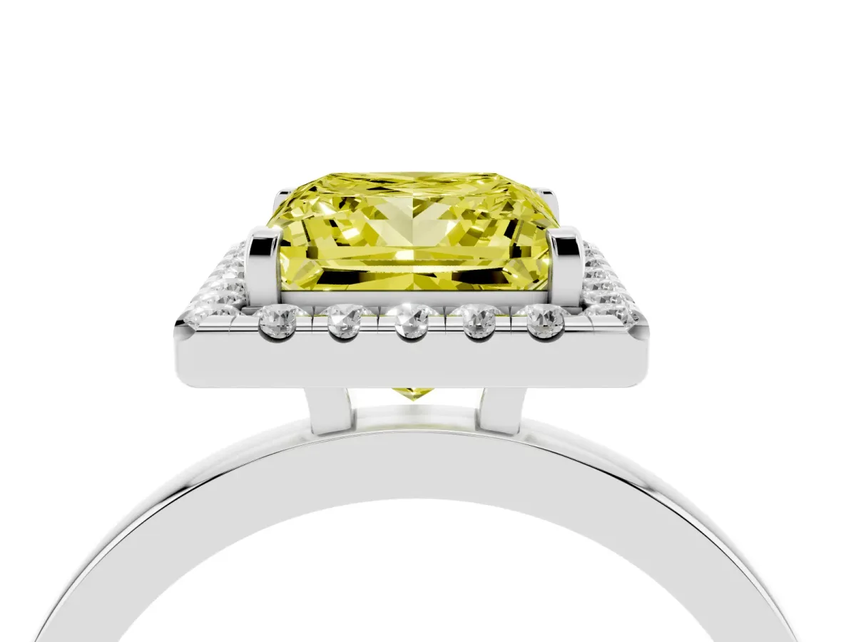 Fancy Yellow Princess Cut Halo Diamond Solitaire with Pavé Band and Four-Prong Setting White gold