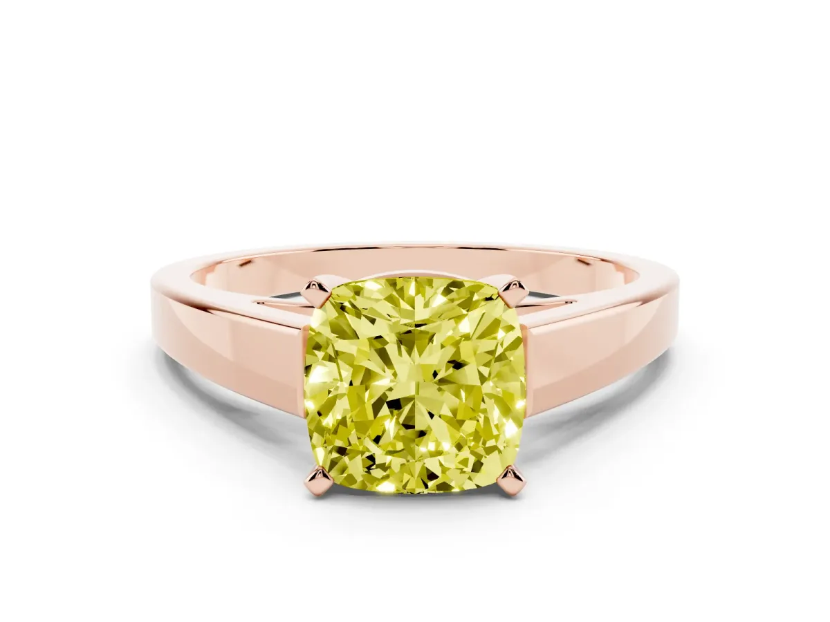 Fancy Yellow Cushion Cut Solitaire Engagement Ring with Four-Prong Setting and Tapered Band Rose gold