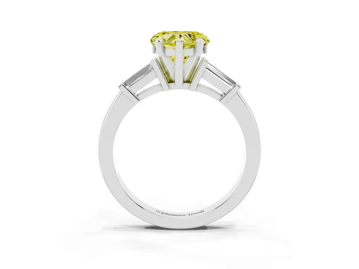 Fancy Yellow Heart Cut Cut Diamond Solitaire Ring with Tapered Baguette Accents and Four-Prong Setting Silver