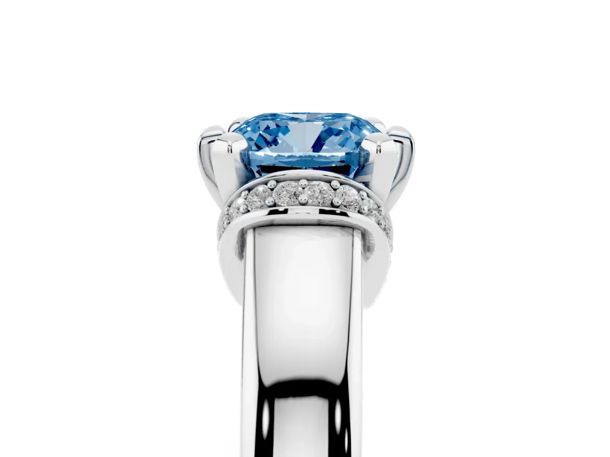 Fancy Blue Cushion Cut Solitaire Diamond Ring with Pave Band and Six-Prong Setting Silver
