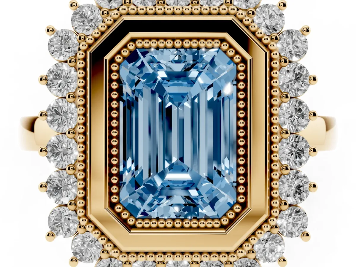 Fancy Blue Emerald Cut Halo Diamond Ring with Milgrain Edge and Round Prong Setting Yellow gold