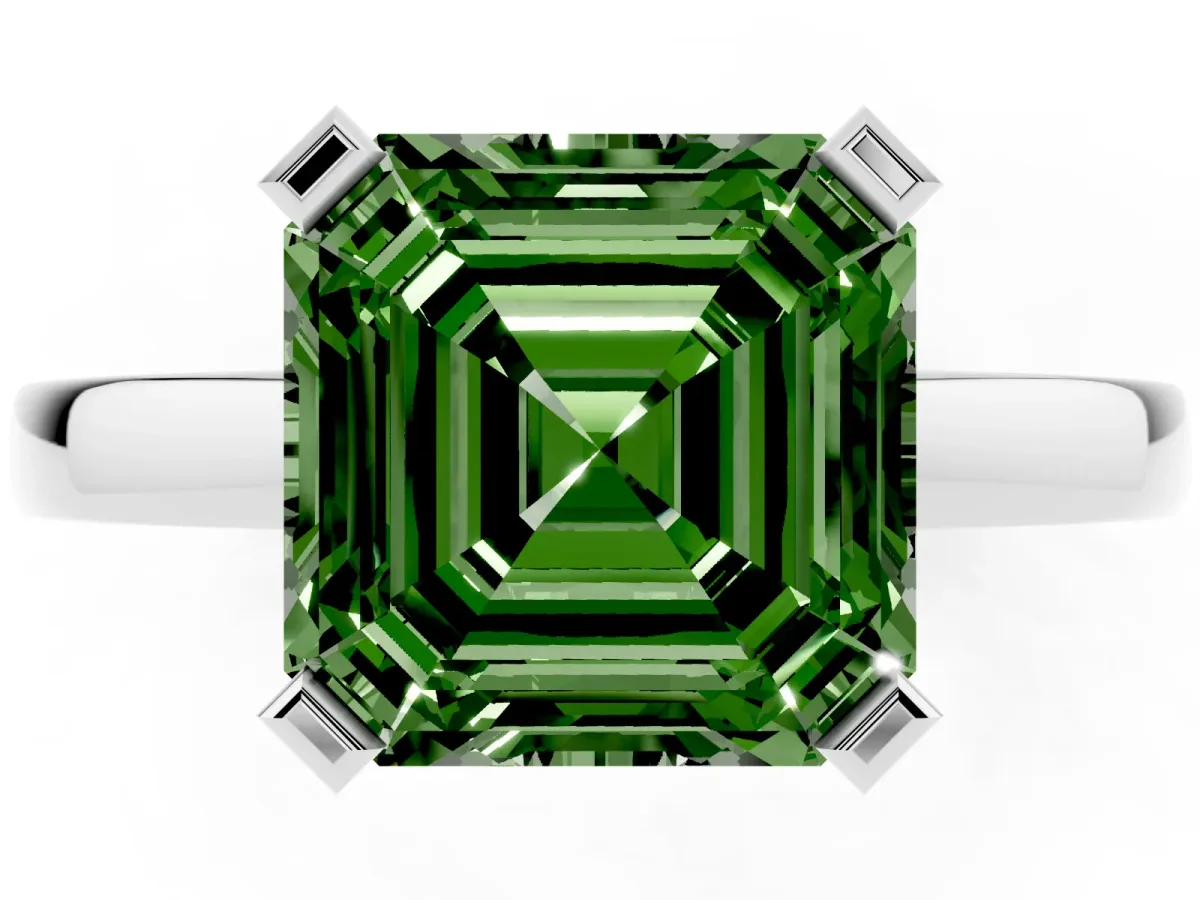 Fancy Green Asscher Cut Cut Solitaire Ring with Four-Prong Setting and Classic Band Silver