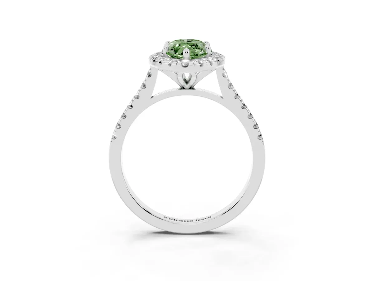 Fancy Green Marquise Cut Diamond Cushion Halo Ring with Pavé Band White gold