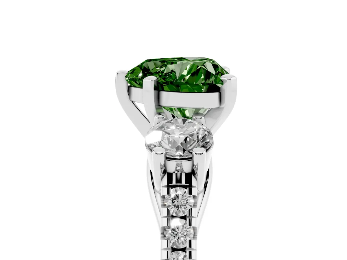 Fancy Green Three-Stone Heart Cut Diamond Pavé Band with Four-Prong Setting Silver