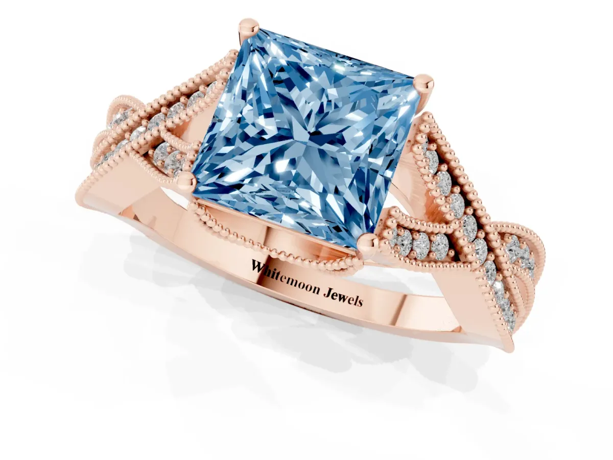Fancy Blue Princess Cut Cut Diamond Twisted Band with Milgrain Pave Setting and Four-Prong Setting Rose gold
