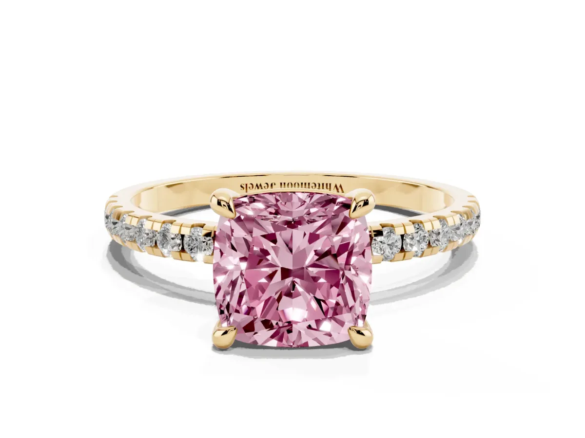 Fancy Pink Cushion Cut Diamond Brilliant Solitaire Ring with Pavé Band and Four-Prong Setting Yellow gold