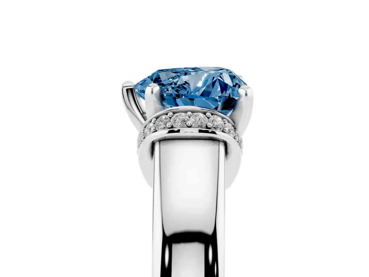 Fancy Blue Heart Cut Solitaire Diamond Ring with Pave Band and Six-Prong Setting Silver