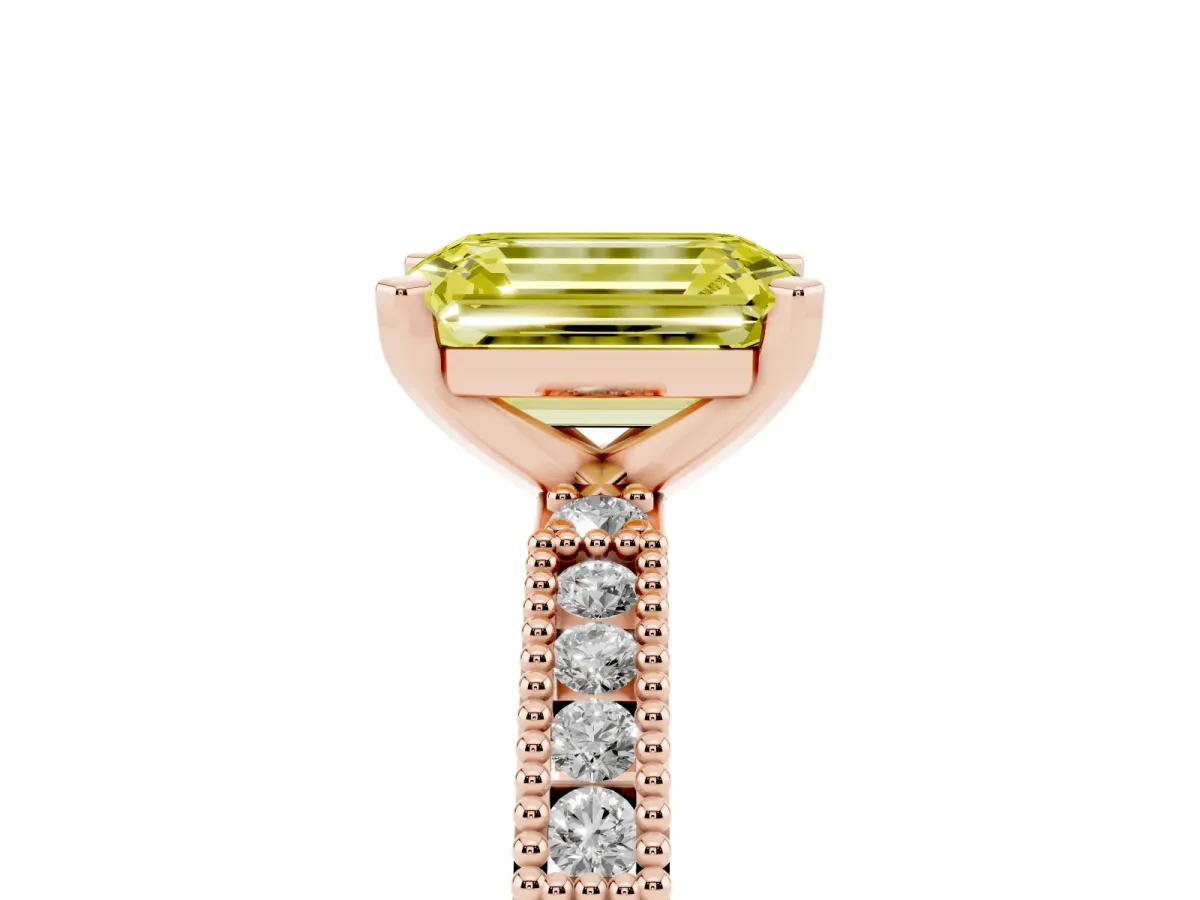 Fancy Yellow Emerald Cut Solitaire with Pavé Band and Four-Prong Setting Rose gold