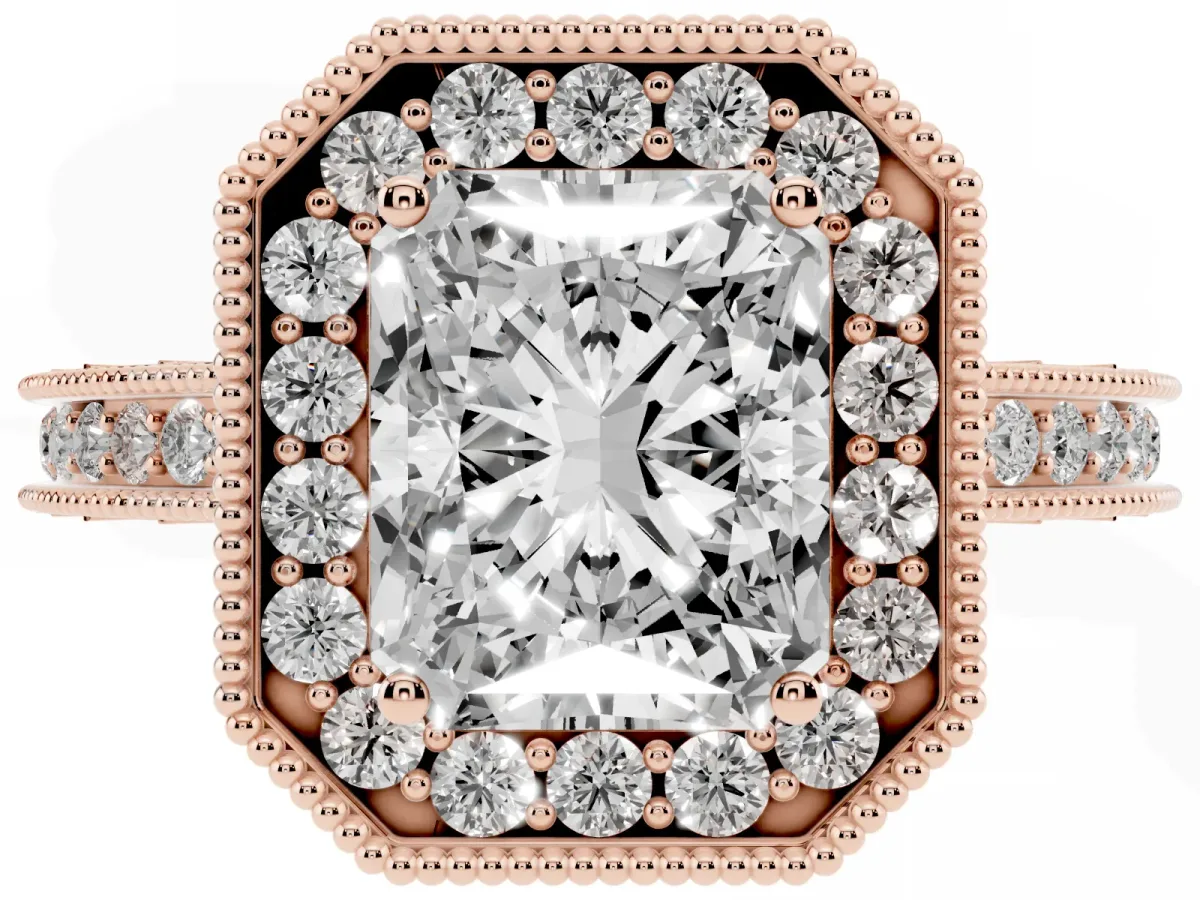 Radiant Cut Diamond Milgrain Halo Engagement Ring with Round Pavé Band and Prong Setting Rose gold