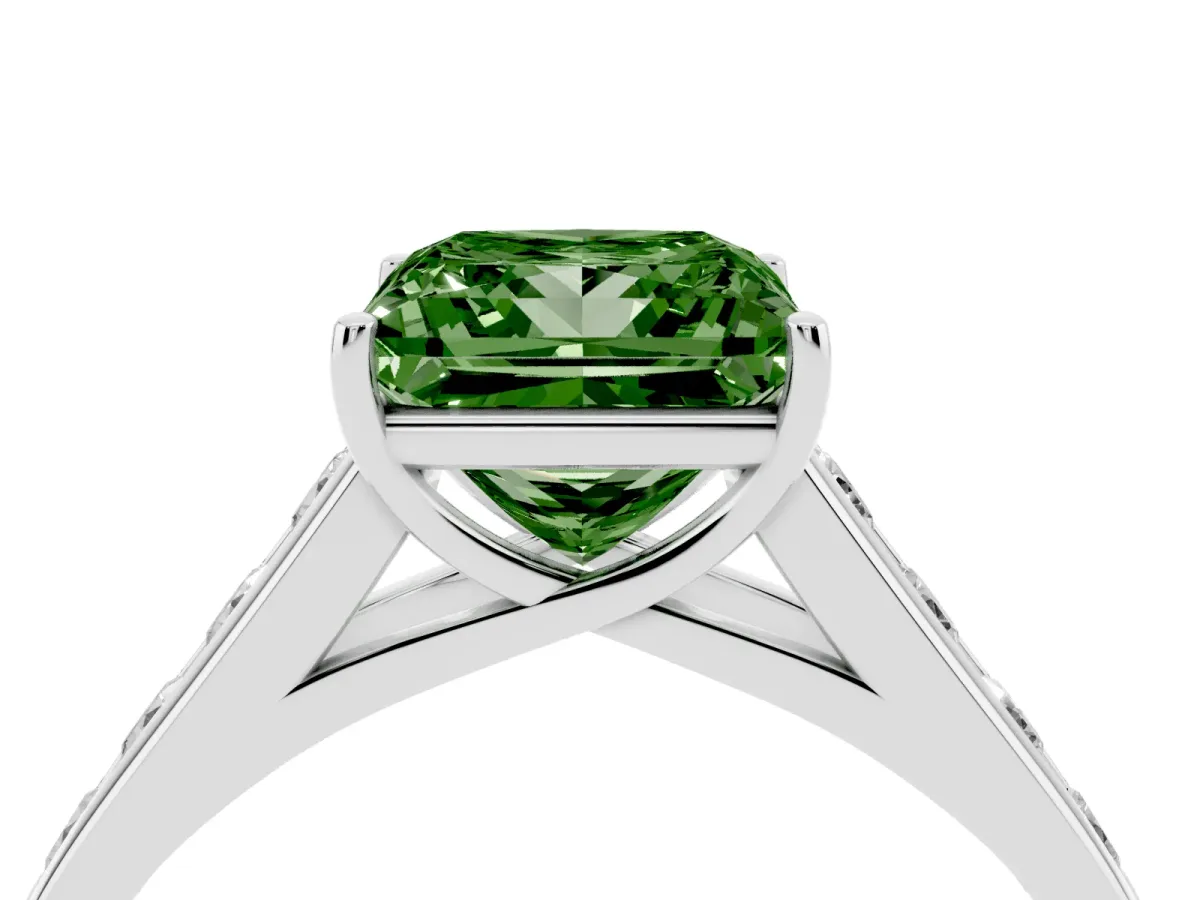 Fancy Green Princess Cut Brilliant Channel-Set Solitaire Ring with Four-Prong Setting Platinum