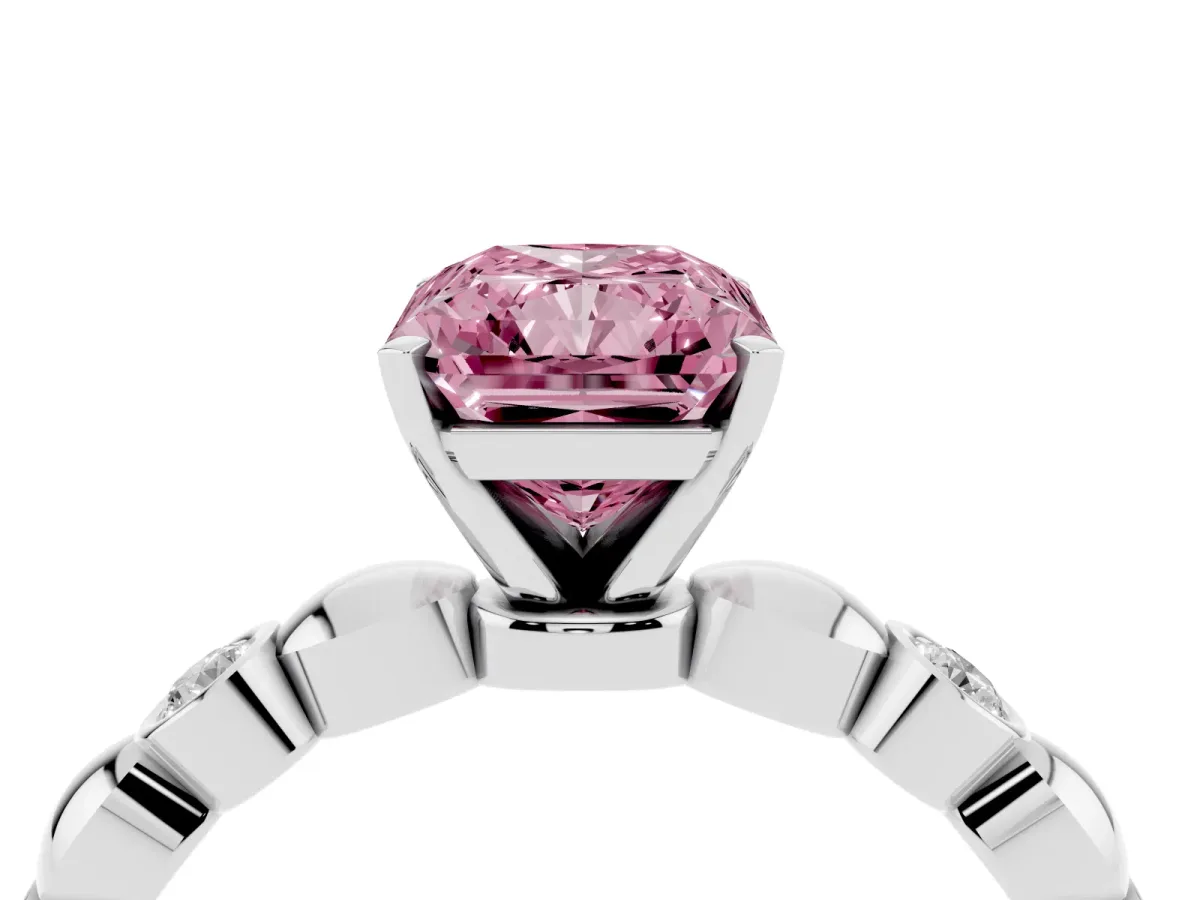 Fancy Pink Radiant Cut Solitaire Bezel-Set Diamond Ring with Beaded Band and Four-Prong Setting Silver