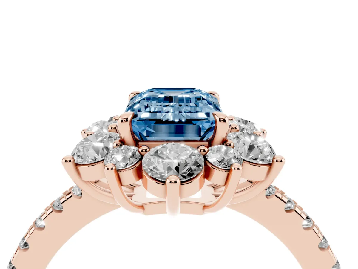 Fancy Blue Emerald Cut Diamond Floral Halo Ring with Round Pavé Band and Prong Setting Rose gold