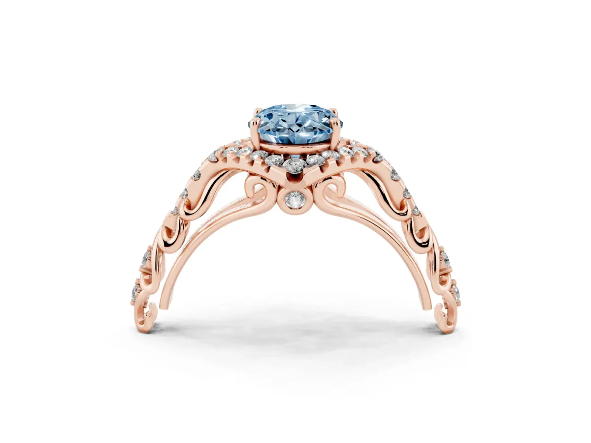 Fancy Blue Oval Cut Diamond Solitaire Ring with Hidden Halo and Pavé Band Rose gold