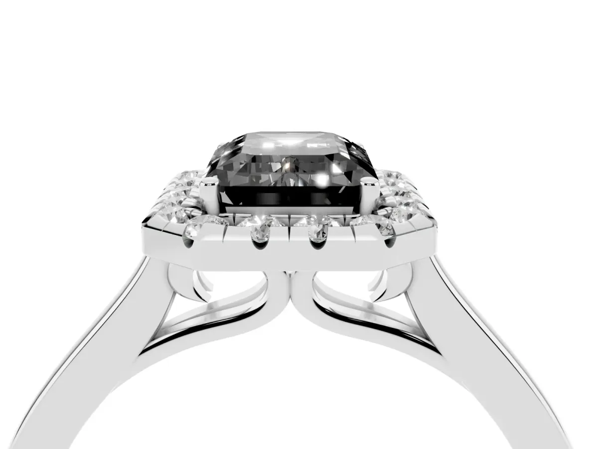 Fancy Black Emerald Cut Halo Round Diamond Solitaire Ring with Pavé Band and Four-Prong Setting Silver