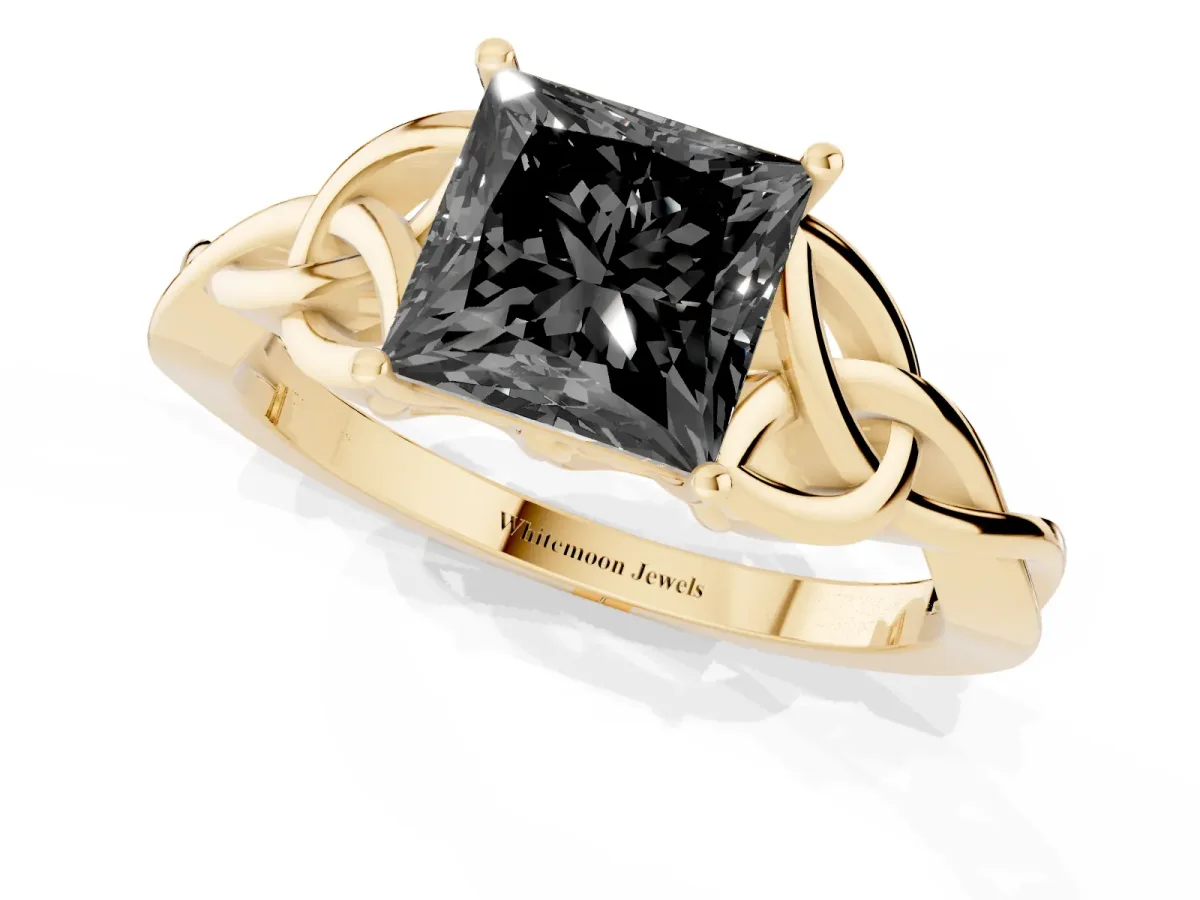Fancy Black Princess Cut Diamond Solitaire Engagement Ring with Celtic Knot Band and Four-Prong Setting Yellow gold