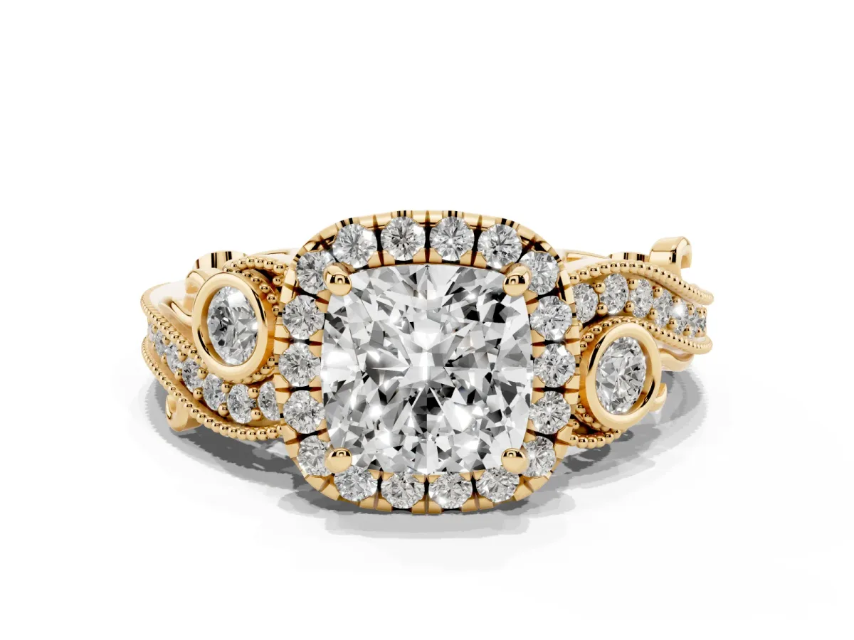 Cushion Cut Halo Diamond Ring with Milgrain and Bezel Accents on a Split Shank Band Yellow gold