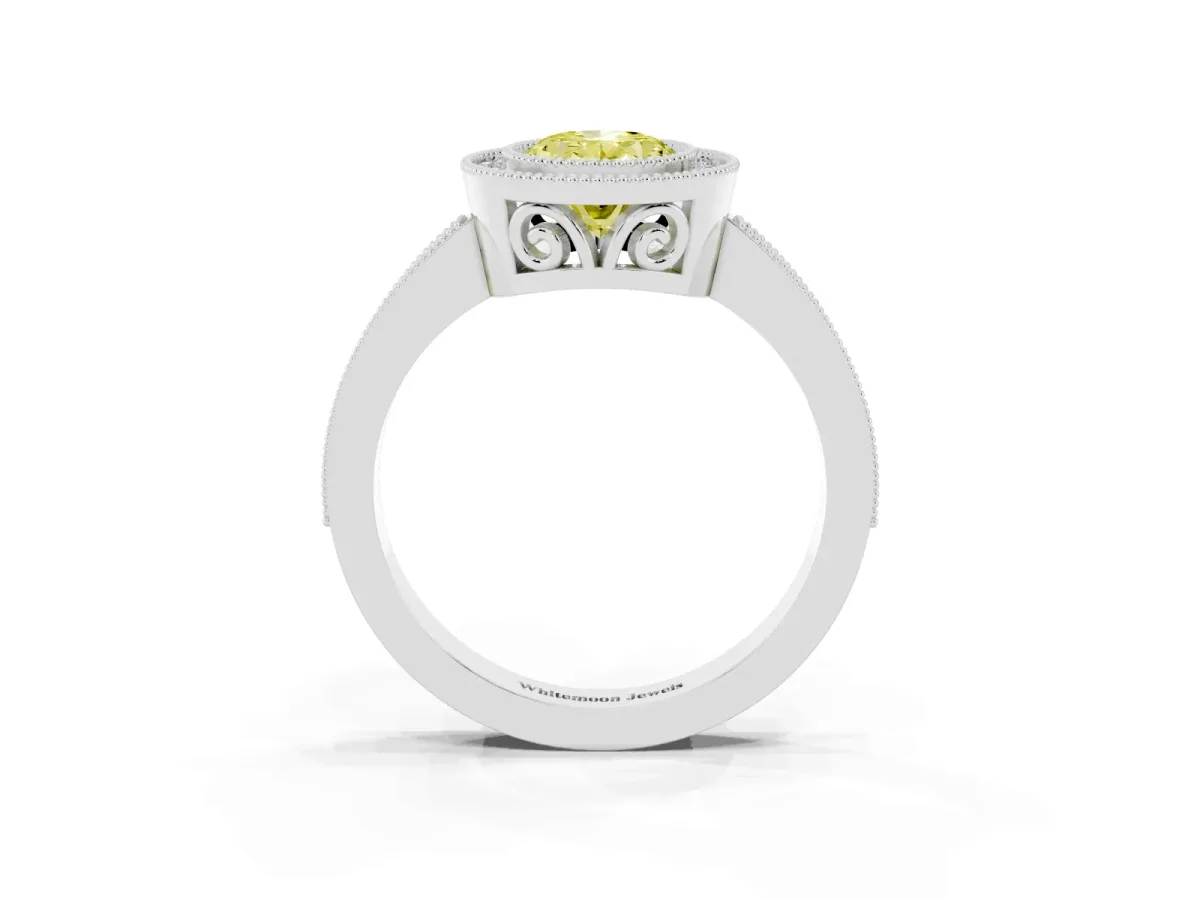 Fancy Yellow Oval Cut Cut Halo Diamond Ring with Pavé Band and Milgrain Prong Setting Platinum