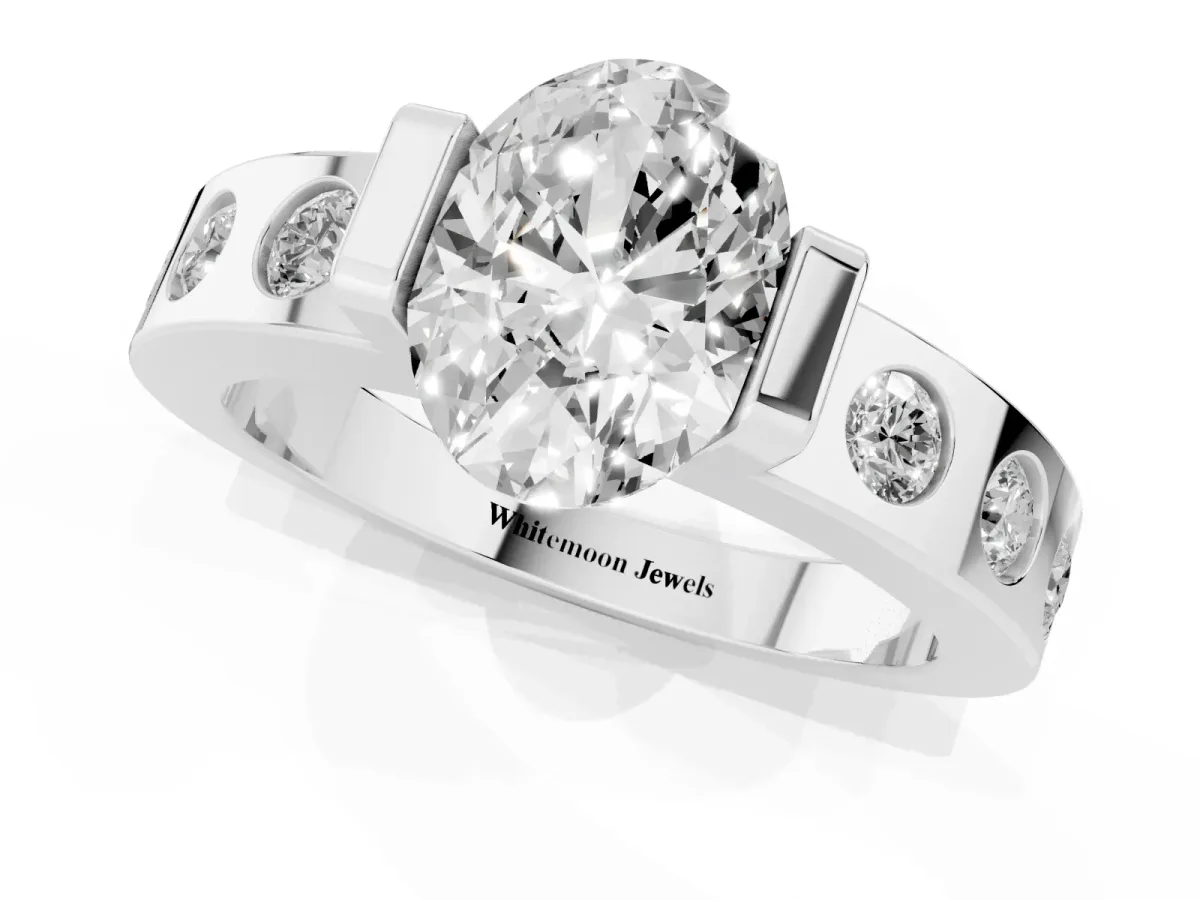 Oval Cut Brilliant Channel-Set Diamond Ring with Bezel Prong Setting Silver