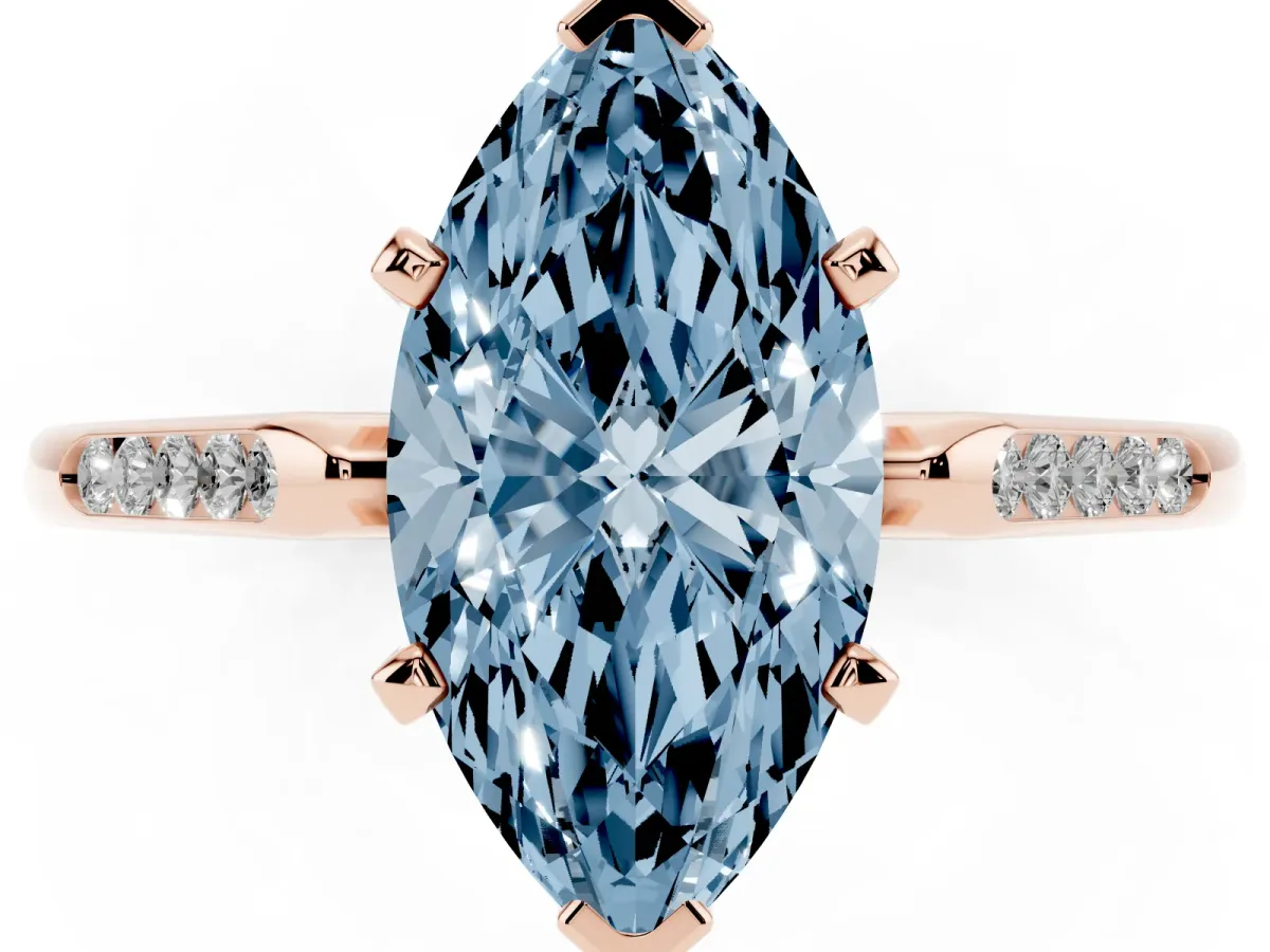 Fancy Blue Marquise Cut Diamond Solitaire Ring with Channel Set Round Band and Prong Setting Rose gold