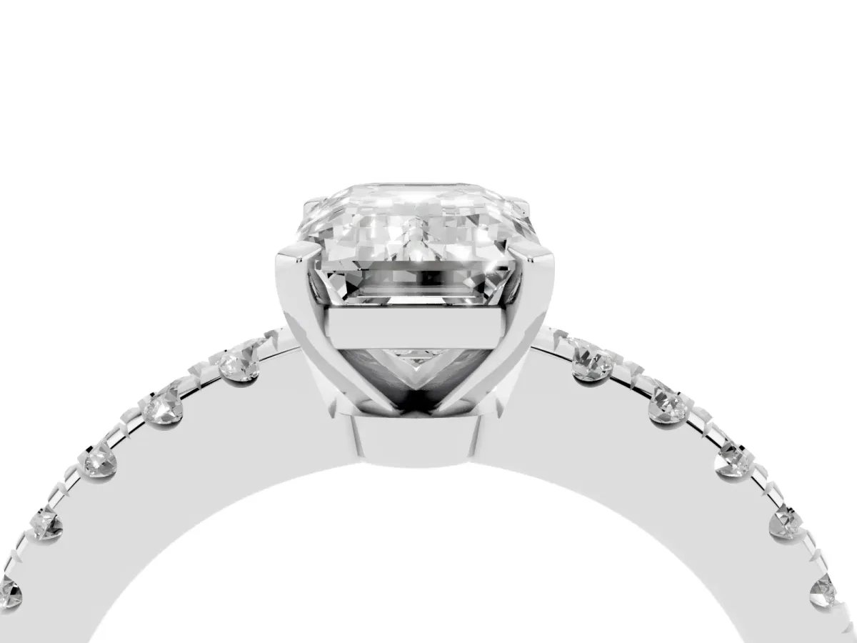 Emerald Cut Solitaire Diamond with Pavé Band and Four-Prong Setting Silver