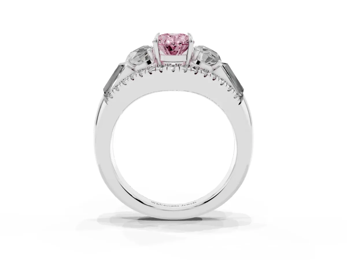 Fancy Pink Three-Stone Oval Cut Diamond Engagement Ring with Pave Band and Prong Setting Silver