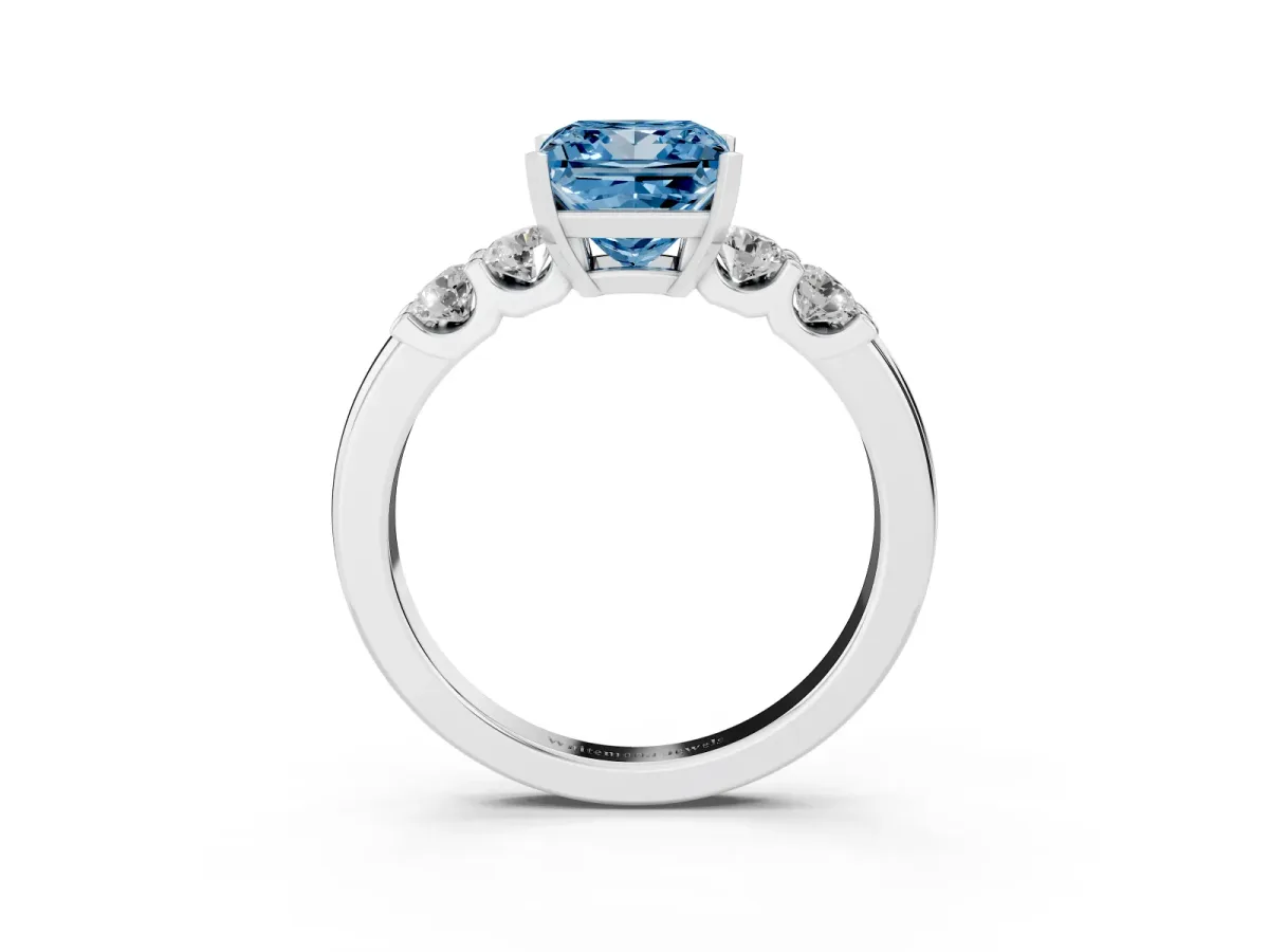 Fancy Blue Princess Cut Brilliant Cut Diamond Five-Stone Prong Set Engagement Ring with Channel Band Silver