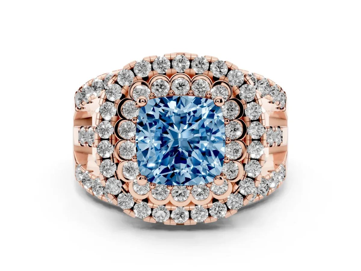 Fancy Blue Cushion Cut Diamond Double Halo Ring with Round Pavé Split Shank and Prong Setting Rose gold