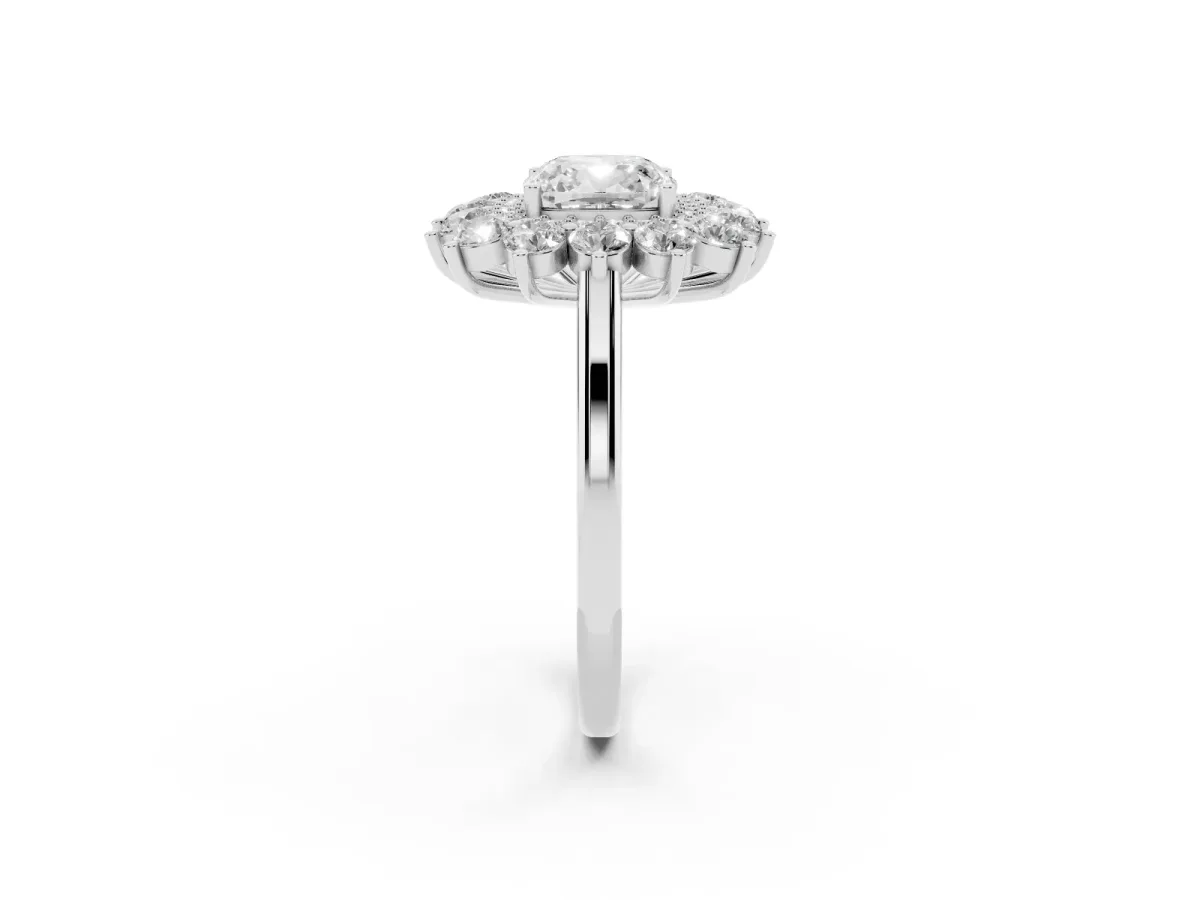 Cushion Cut Diamond Floral Double Halo Engagement Ring with Prong Setting Silver