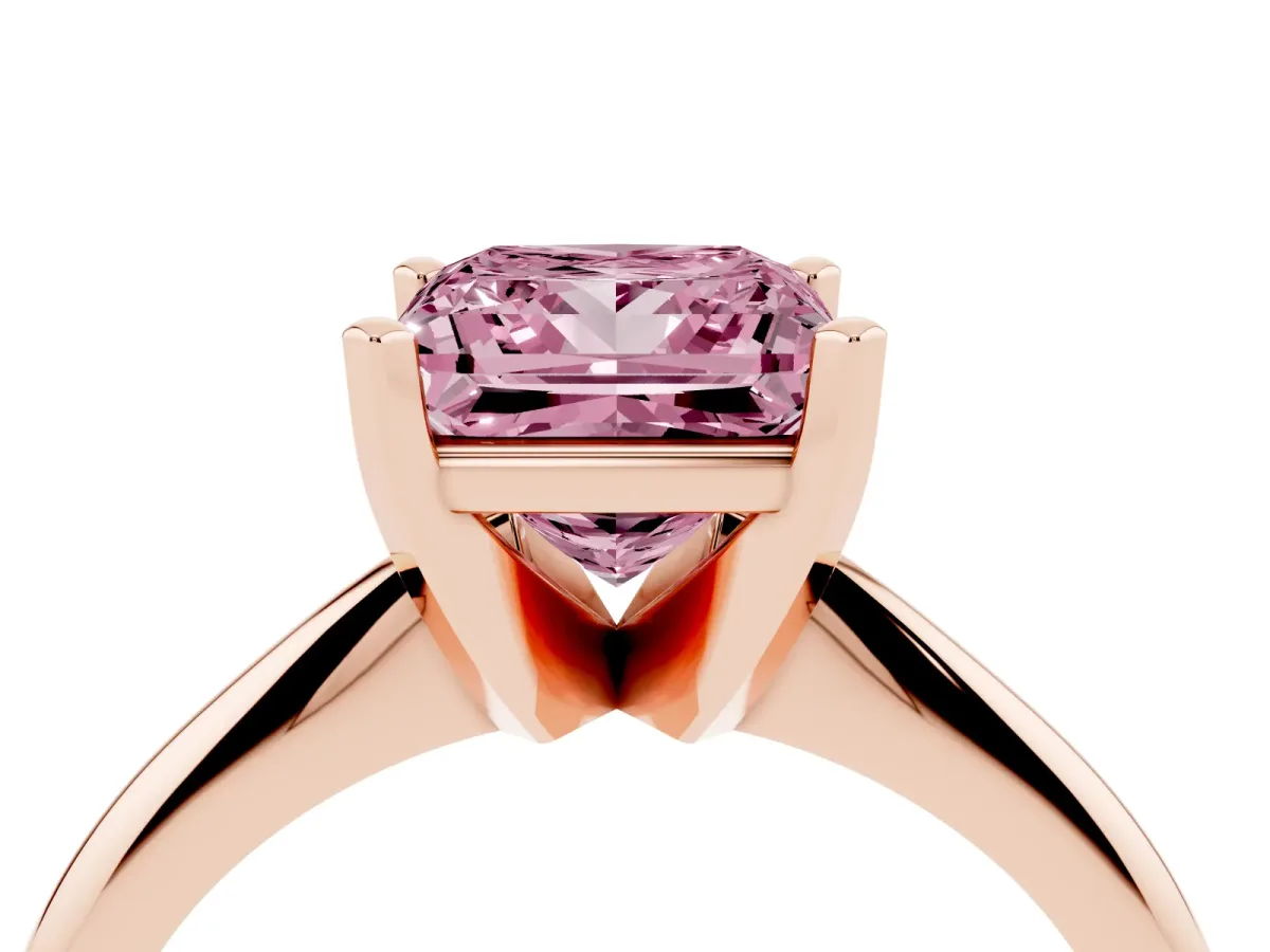 Fancy Pink Princess Cut Cut Solitaire Ring with Four-Prong Setting on a Classic Band Rose gold